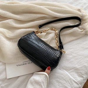 NEW women Crocodile Pattern Baguette Bags, Black